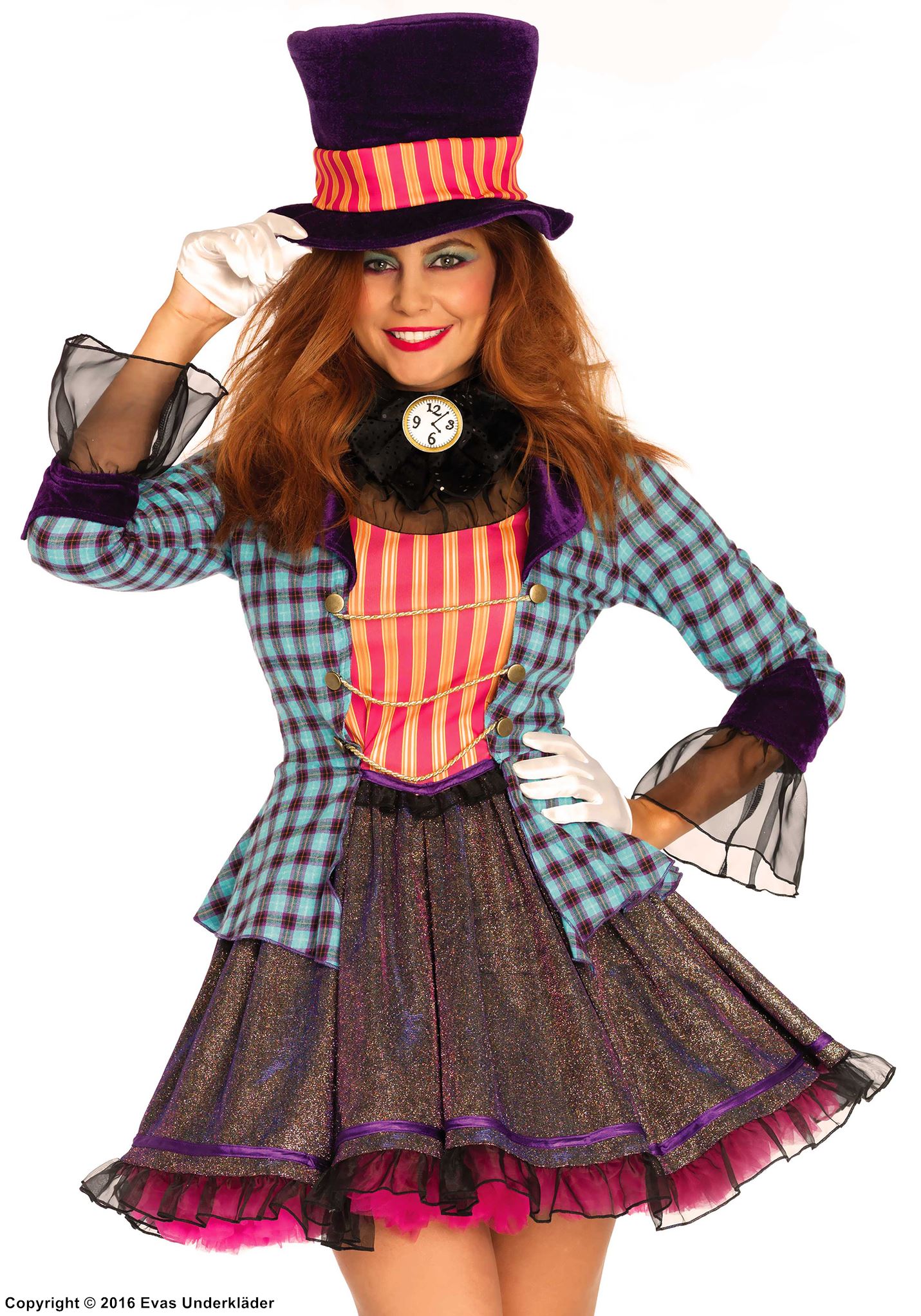 Female Mad Hatter, costume dress, glitter, checkered pattern